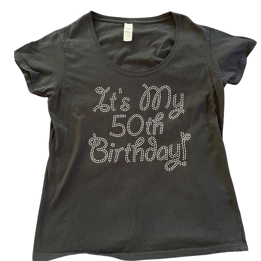 Gildan Softstyle Womens 50th Birthday Rhinestone T-Shirt Black Scoop Neck Medium